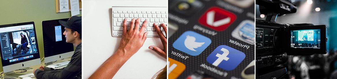 Four images: a videocamera LCD, mobile app icons, typing on a keyboard and a student editing images.